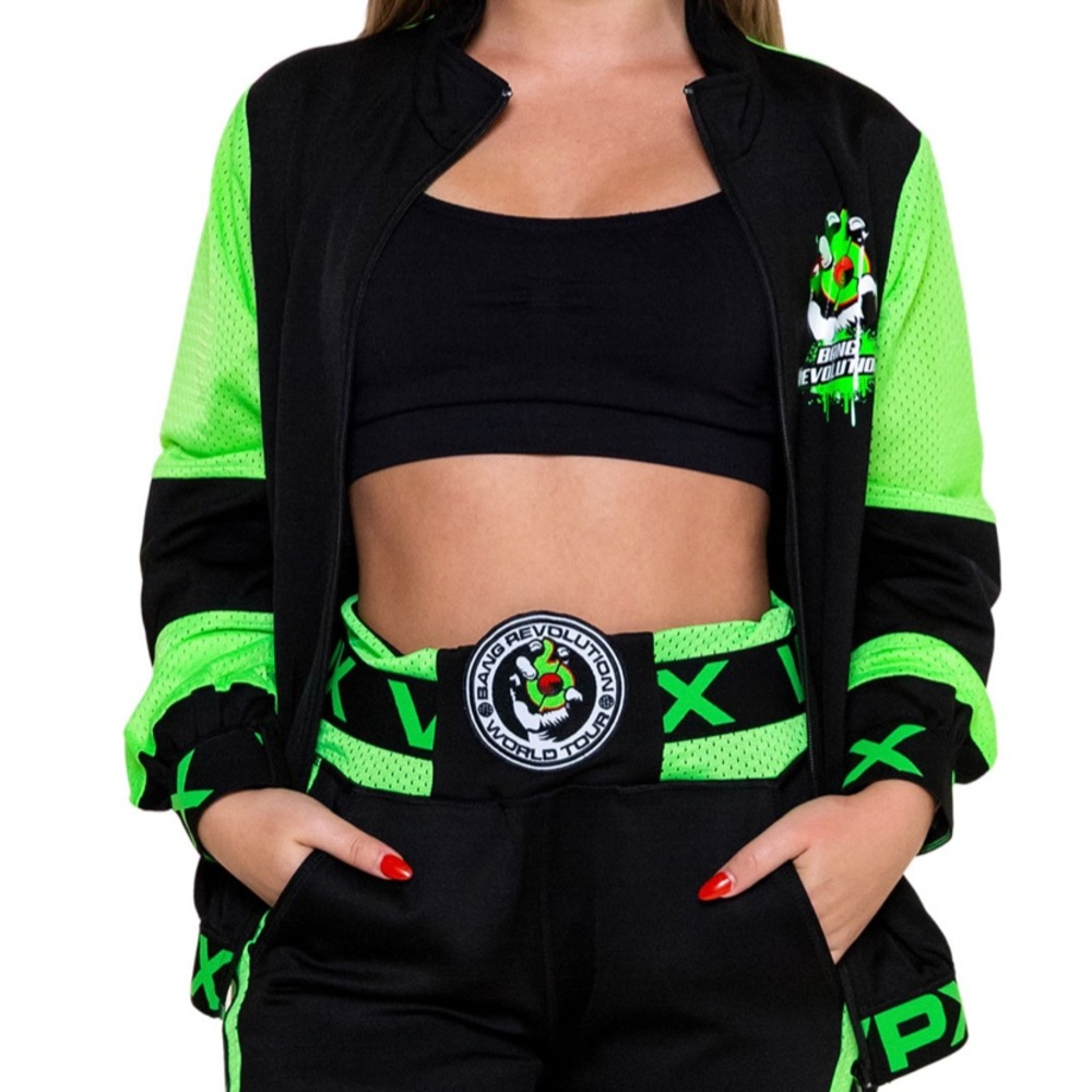Neon green and black bang energy jacket